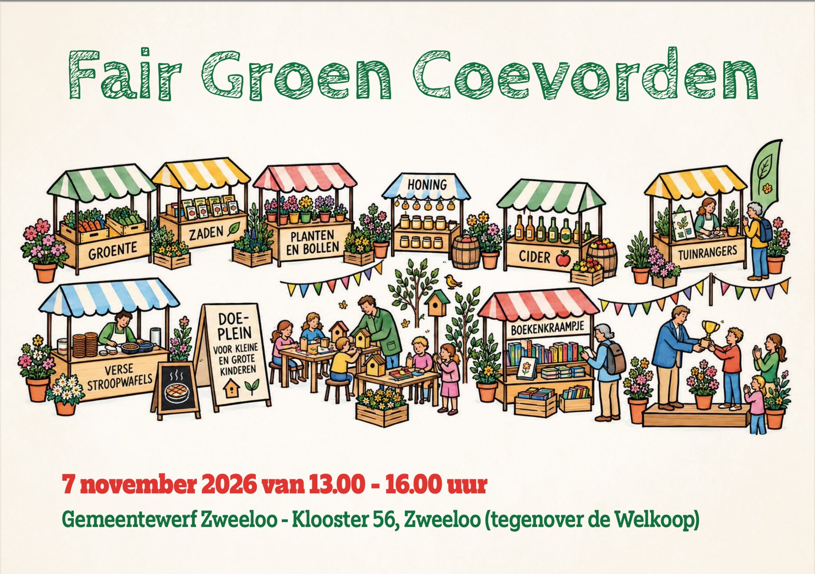 Poster van de Fair Groen Coevorden op 7 november 2026 van 13.00 tot 16.00 uur bij de gemeentewerf in Zweeloo